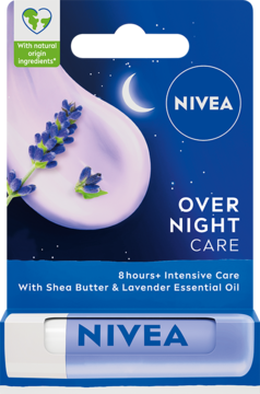 Pomadka Nivea Overnight Care w granatowym opakowaniu z motywem lawendy i księżyca, widoczny sztyft.