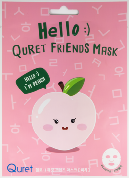 Quret Friends Mask Hello I'm Peach, różowa maseczka w płachcie z ekstraktem brzoskwini, widok z przodu.