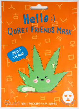 Pomarańczowa maska nawilżająca z aloesem Quret Friends Mask I'm Aloe, widok z przodu, z kreskówkowym aloesem.