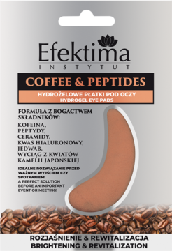 Efektima Coffee & Peptides hydrożelowe płatki pod oczy, biała saszetka z brązowym płatkiem i kawą, widok z przodu.