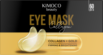 Kimoco Beauty hydrożelowe płatki pod oczy kolagen-złoto, 60 szt., w czarno-złotym opakowaniu, widok z przodu.