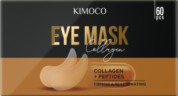 Kimoco Eye Mask Collagen 60 szt., czarno-złote pudełko hydrożelowych płatków ujędrniających pod oczy.