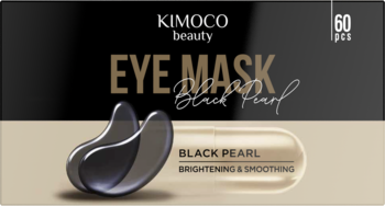 Kimoco Beauty hydrożelowe płatki Black Pearl, dwa czarne płatki na czarno-beżowym opakowaniu.