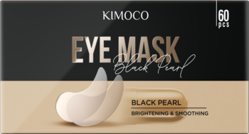 Kimoco Beauty, 60 szt. hydrożelowe płatki pod oczy Black Pearl w czarno-beżowym pudełku, z napisem Brightening & Smoothing.