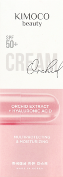 KIMOCO beauty Cream SPF 50+ Orchid, biało-różowe opakowanie z kapsułką. Zawiera Orchid Extract.