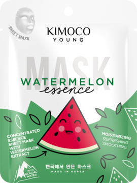 Kimoco Young nawilżająca maska w płachcie arbuzowa, białe opakowanie z zieloną grafiką i czerwonym arbuzem.