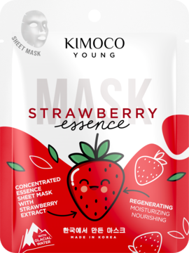 Kimoco Young regenerująca maska w płachcie, biało-czerwona saszetka z truskawką i tekstem, front.