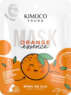 Maska Kimoco Young Orange Essence w białej saszetce z pomarańczowym wzorem i uśmiechniętą pomarańczą, widok z przodu.