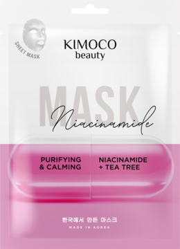 Kimoco Beauty Niacinamide & Tea Tree, oczyszczająca maska w płachcie, biało-różowe opakowanie, widok przód.