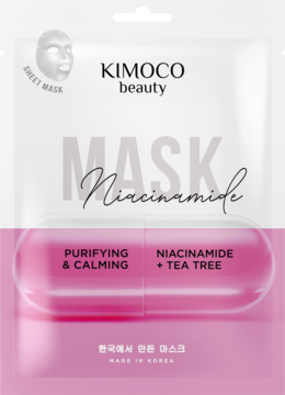 Kimoco Beauty Niacinamide & Tea Tree, oczyszczająca maska w płachcie, biało-różowe opakowanie, widok przód.