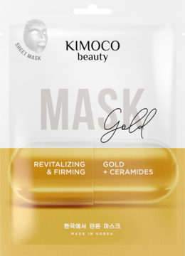 Kimoco Beauty Gold sheet mask, front view, white and gold packaging, for revitalizing, firming & ceramides.