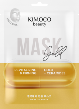 Kimoco Beauty Gold sheet mask, front view, white and gold packaging, for revitalizing, firming & ceramides.