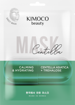 Kimoco Beauty Centella sheet mask, white & green sachet, front view, with Centella Asiatica & Trehalose.