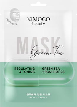 Opakowanie maski w płachcie Kimoco Beauty Green Tea + Postbiotics, biało-zielone, z napisem MASK i detalami kapsułek.