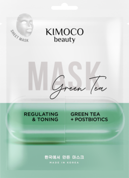 Opakowanie maski w płachcie Kimoco Beauty Green Tea + Postbiotics, biało-zielone, z napisem MASK i detalami kapsułek.