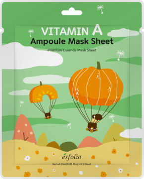Maseczka Esfolio Vitamin A Ampoule, zielona saszetka z latającymi dyniami, widok z przodu, dla rozświetlonej skóry.