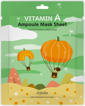 Maseczka Esfolio Vitamin A Ampoule, zielona saszetka z latającymi dyniami, widok z przodu, dla rozświetlonej skóry.