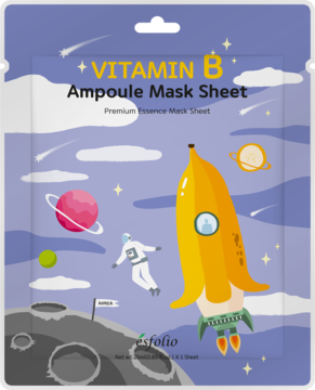 Esfolio Vitamin B Ampoule Mask Sheet z ekstraktem bananowym, szare opakowanie z rakietą-bananem.