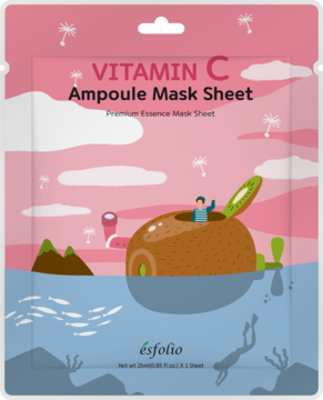 Esfolio Vitamin C Ampoule Mask Sheet, przód opakowania z barwną ilustracją kiwi; rozświetla i nawilża skórę.