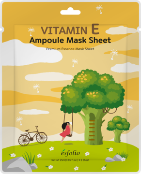 Esfolio Vitamin E Ampoule Mask Sheet. Kolorowa saszetka z brokułem i dziewczynką na huśtawce pod drzewem.