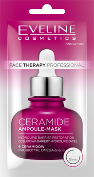 Eveline Ceramide Ampoule-Mask w różowej saszetce z grafiką butelki, do odbudowy bariery hydrolipidowej. Widok z przodu.