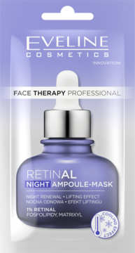 Eveline Retinal Night Ampoule-Mask w fioletowej butelce z pipetą, widok z przodu opakowania, efekt chłodzenia.