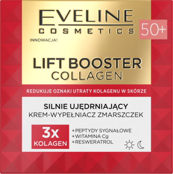 Eveline Lift Booster Collagen 50+ krem-wypełniacz zmarszczek w złoto-czerwonym pudełku, widok z przodu.