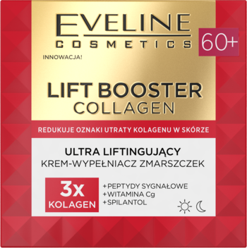 Czerwono-złoty krem Eveline 60+ Lift Booster Collagen, redukujący zmarszczki, widok z przodu opakowania.