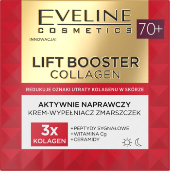 Eveline Lift Booster Collagen 70+ w złoto-czerwonym opakowaniu, przedstawiony od frontu. Aktywnie naprawczy krem na zmarszczki.