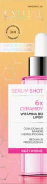 Eveline Serum Shot Face Therapy Professional, z ceramidami i witaminą B12, w różowym pudełku, widok z przodu.