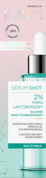 Serum Eveline Face Therapy Naczynka w białej butelce z zielonymi detalami, widok przód, łagodzi zaczerwienienia.