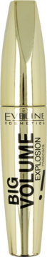 Eveline Big Volume Explosion mascara w złotym opakowaniu, widoczny napis 'BIG VOLUME' i 'EXPLOSION'.