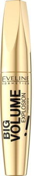 Złoty tusz do rzęs Eveline Cosmetics Big Volume Explosion, widok z przodu na czarnym tle.
