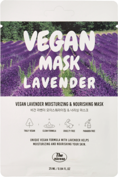 THE NICESS VEGAN ,maska w płachcie, nawilżająco-odżywcza, Lavender,przód