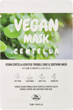 Opakowanie wegańskiej maski The Nicess Vegan Centella Asiatica, z zielonym liściem, widok z przodu.