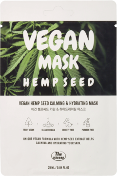 Biała wegańska maska w płachcie The Nicess Hemp Seed Calming & Hydrating, z zielonym liściem konopi, widok z przodu.
