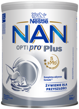 Biała puszka NAN OPTIPRO Plus 1 HMO, mleka początkowego 800g, widok z przodu z grafiką dziecka i ptaka.