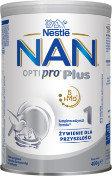 Nestle NAN Optipro Plus 1 mleko początkowe w białej puszce 400g, z niebiesko-złotym logo i grafiką ptaka.