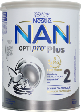 Srebrna puszka Nestlé NAN OPTIpro Plus 2, mleko następne z 5 HMO Complex dla niemowląt, widok z przodu.