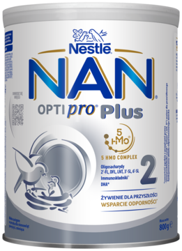 Nestlé NAN OPTIpro Plus 2 HMO mleko następne, srebrna puszka wspierająca odporność, widok z przodu.