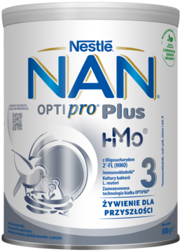 Nestle NAN OPTIpro Plus 3 HMO w białej puszce dla małych dzieci, niebieskie logo NAN i cyfra 3, front opakowania.