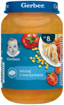 Słoik Gerber Mintaj z warzywami, puree dla dzieci po 8 miesiącu, niebieska etykieta z ilustracjami ryby i warzyw, widok z przodu.