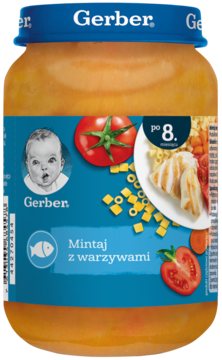 Słoik Gerber Mintaj z warzywami, puree dla dzieci po 8 miesiącu, niebieska etykieta z ilustracjami ryby i warzyw, widok z przodu.