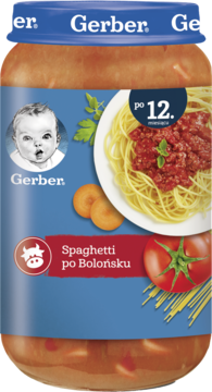 Gerber Spaghetti po Bolońsku dla dzieci po 12. miesiącu, w szklanym słoiku, z czerwoną i niebieską etykietą, widok z przodu.