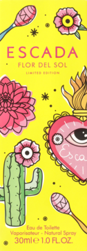 Żółte pudełko Escada Flor Del Sol Limited Edition EDT 30ml, z barwnymi grafikami kwiatów, kaktusa i serca.
