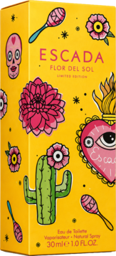 Żółte pudełko Escada Flor del Sol EDT 30ml, z kolorowymi ilustracjami: czaszka, kaktus, różowe dalie, marakasy.