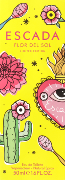 Escada Flor Del Sol Eau de Toilette w żółtym pudełku z meksykańskimi motywami: kwiaty, marakasy, kaktus. 50ml.