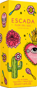 Escada Flor Del Sol EDT 50ml, żółte pudełko z meksykańskimi grafikami: czaszka, marakasy i kwiaty, widok z przodu.