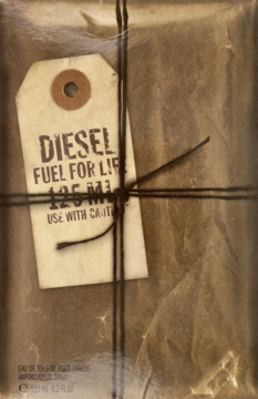 Męska woda toaletowa Diesel Fuel For Life 125ml w brązowym, pogniecionym opakowaniu ze sznurkiem i etykietą.