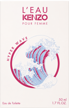 Kenzo L'Eau Pour Femme Hyper Wave woda toaletowa, białe pudełko z falą w różu i błękicie, widok z przodu.